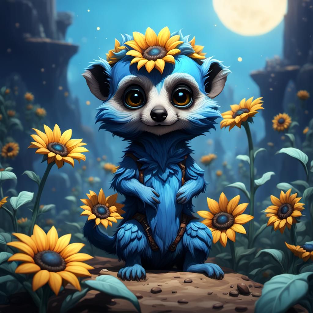 Chibi Blue Sunflower Meerkat: Detailed Fantasy Art