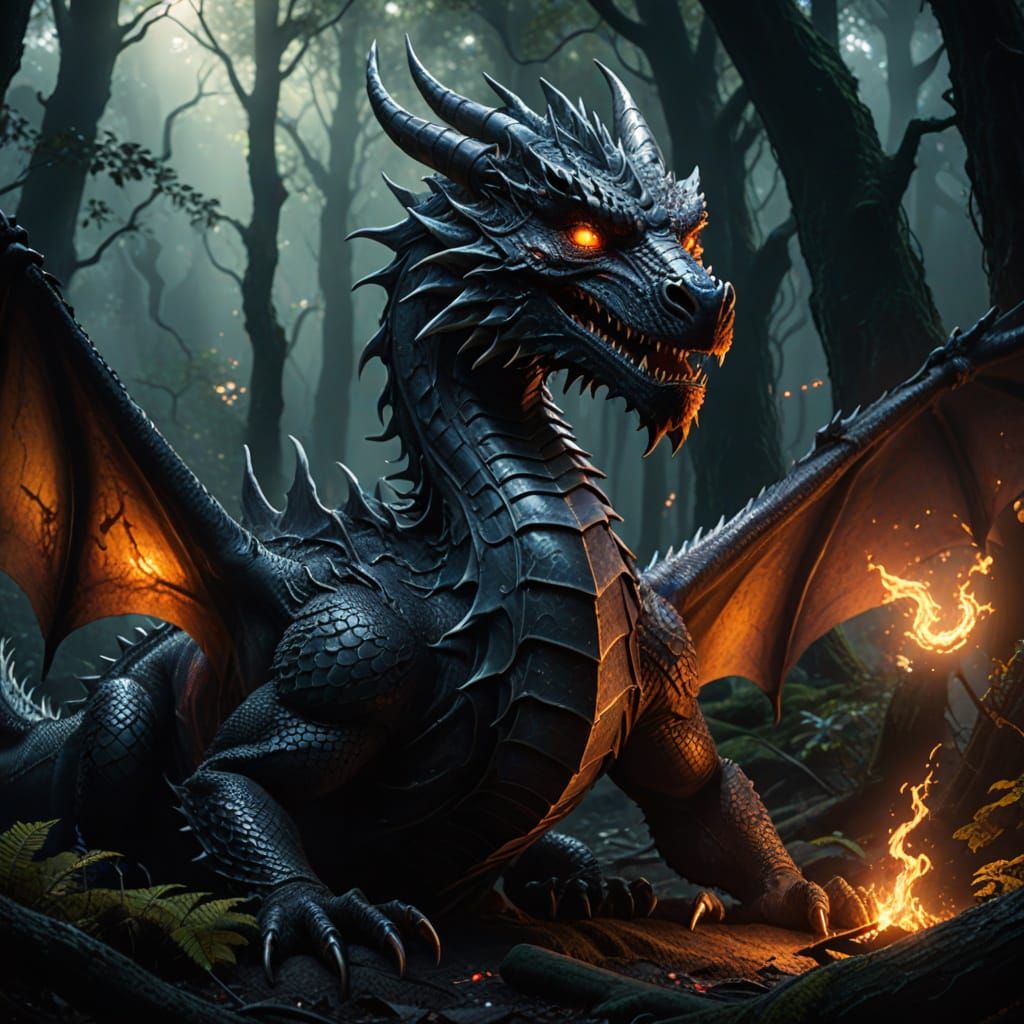 Epic Fantasy Dragon in Dark Forest