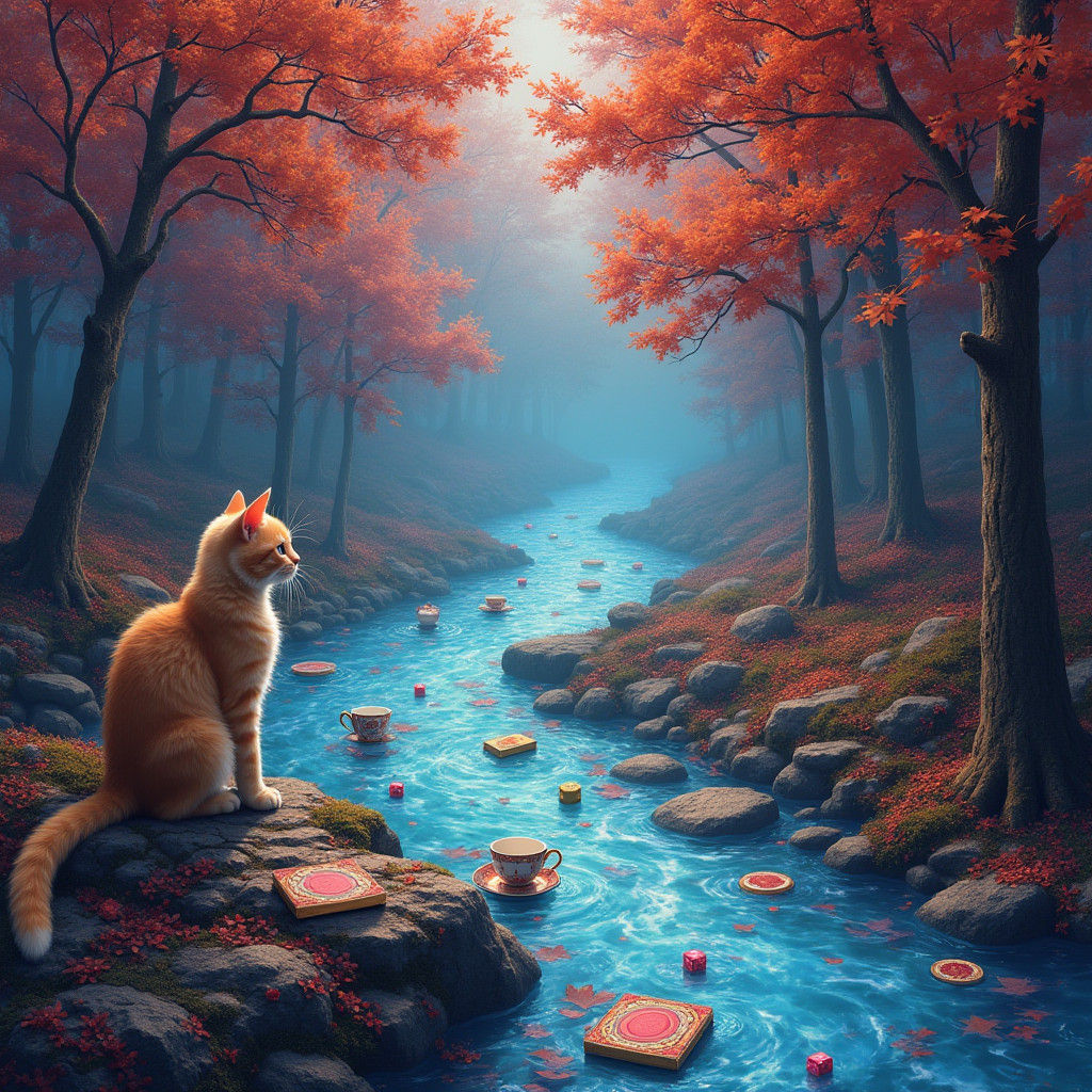 Mystical River Scene with Floating Objects and Cat