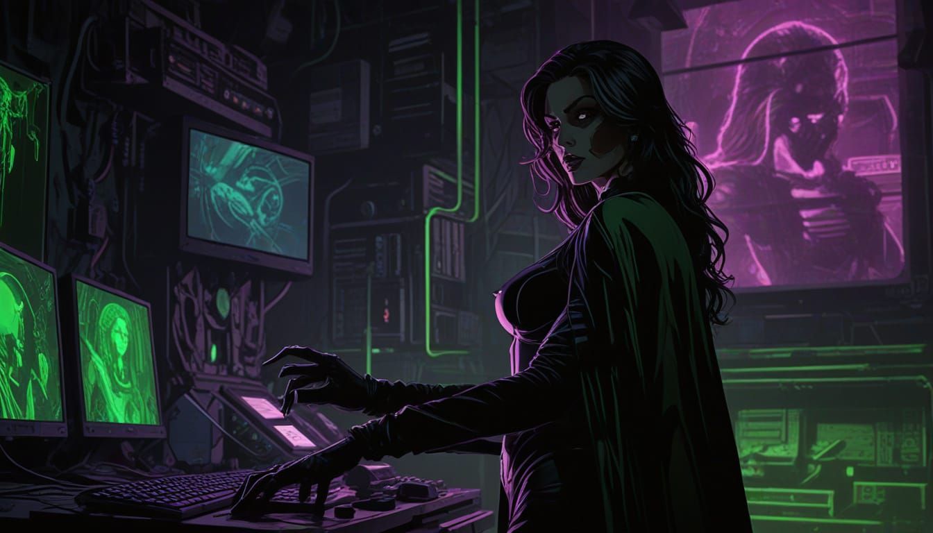 Comic Villainess Plots in Neon-Lit Evil Lair