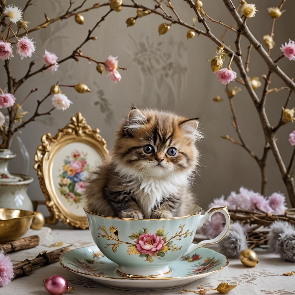 Sitting in a teacup, on a table is a little pretty kitten.