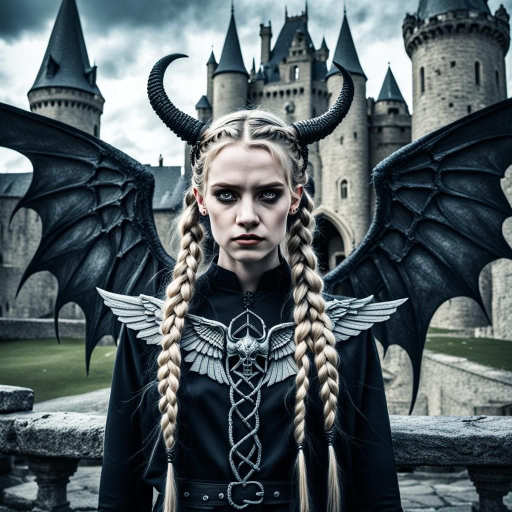 Demon Mother with Braids, Horns, and Wings