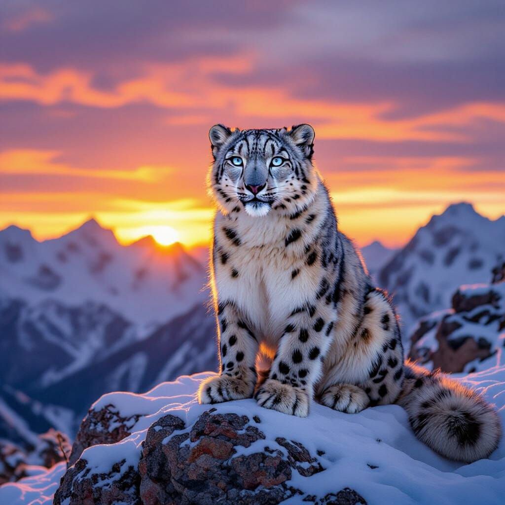 Snow Leopard on Windswept Peak at Sunset