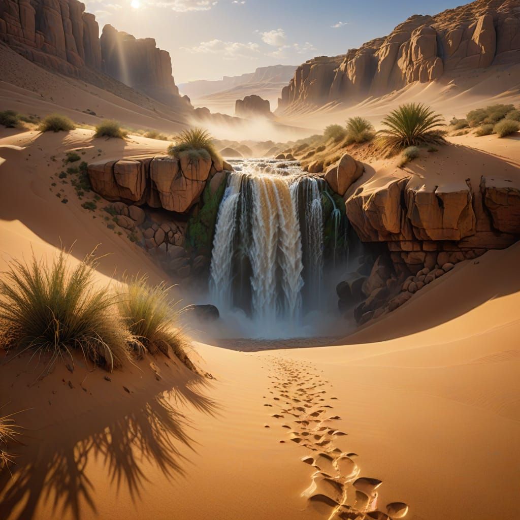 Sahara Desert Waterfall in Ethereal Kinkade Style