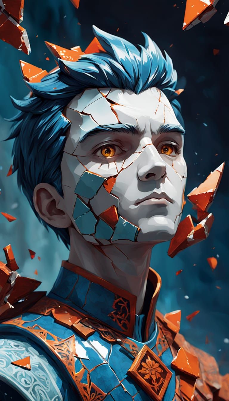 A Young Porcelain Doll Shattered in Vibrant Colors