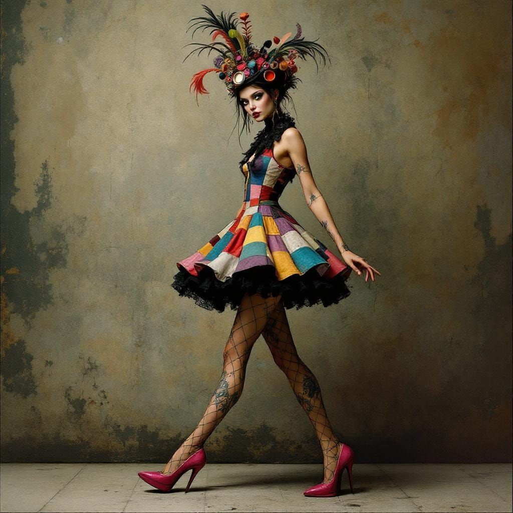 Eccentric Woman in Harlequin Dress: Whimsical Portrait