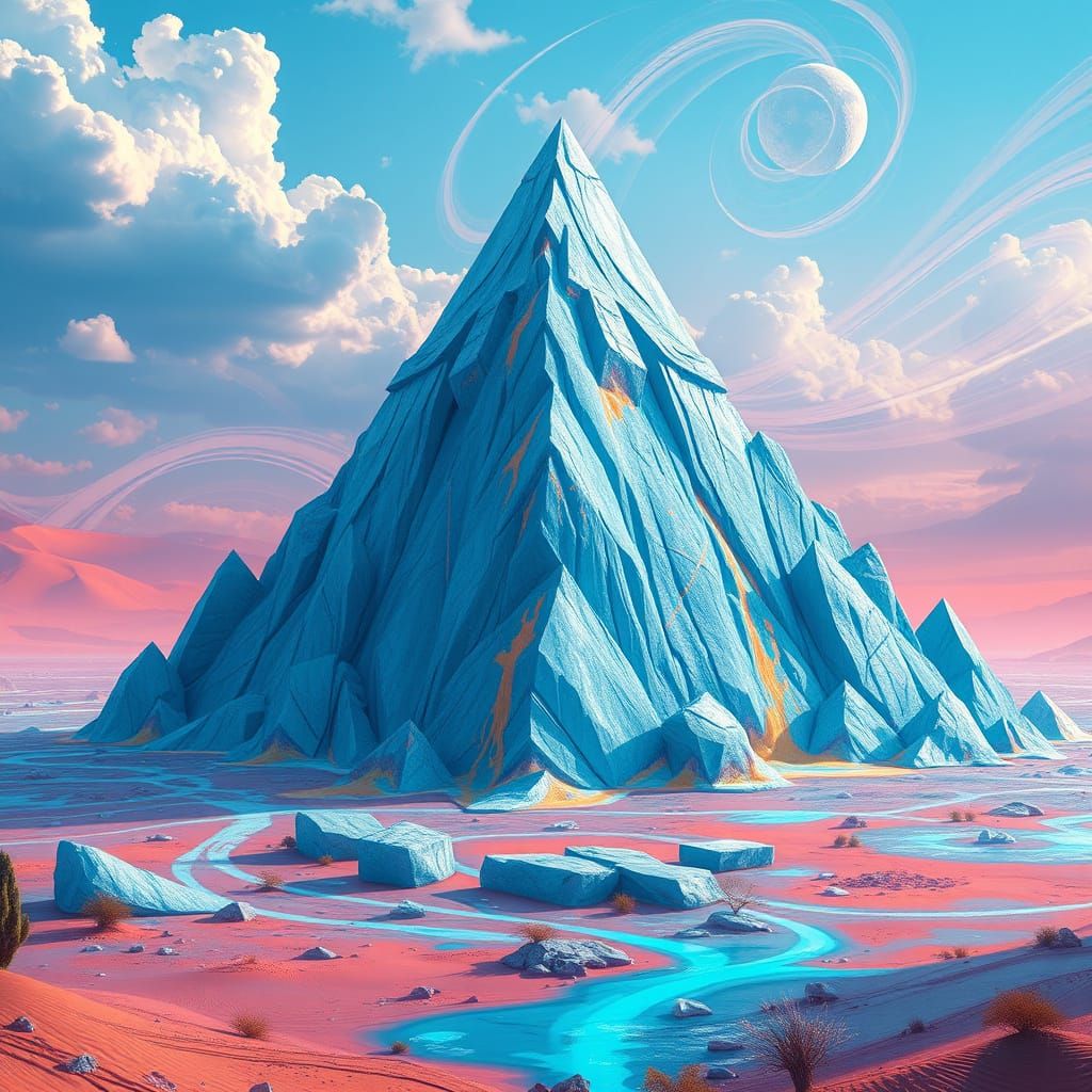 Ice Pyramid made of pyramids, starting to melt, in a desert tropical landscape. magic.