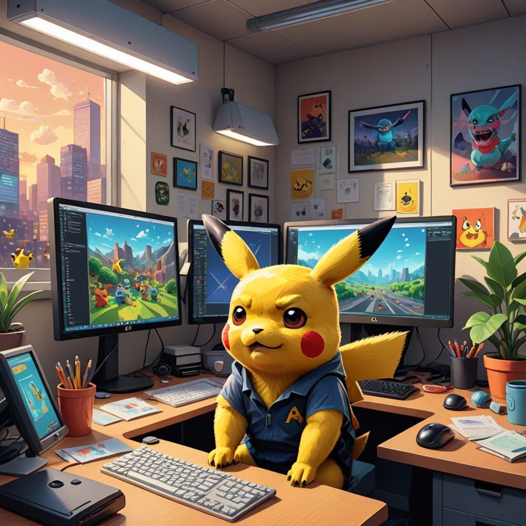 Pikachu in a Cubicle: A Low-Poly Office Satire