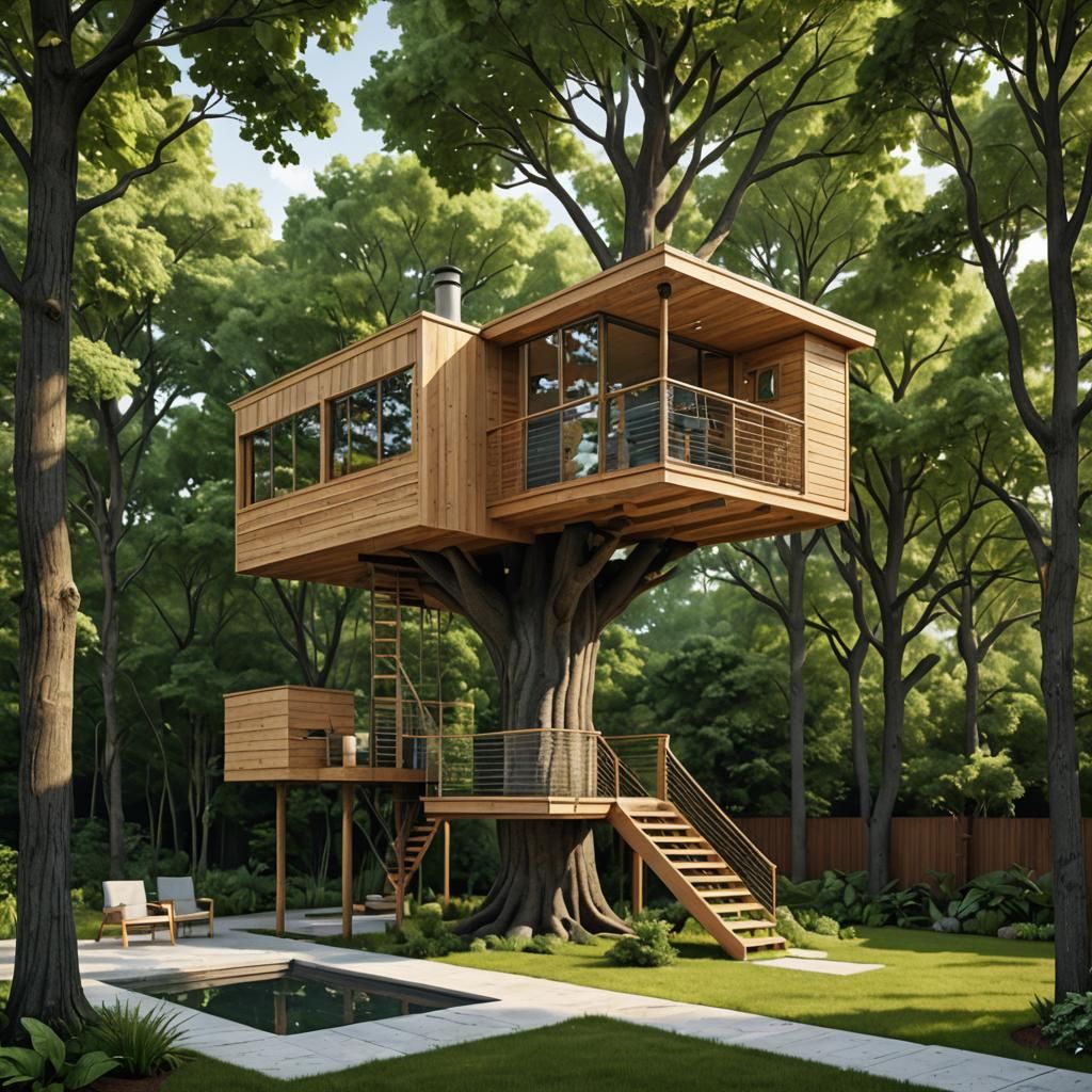 Postmodern Realistic Treehouse with Flat Roof