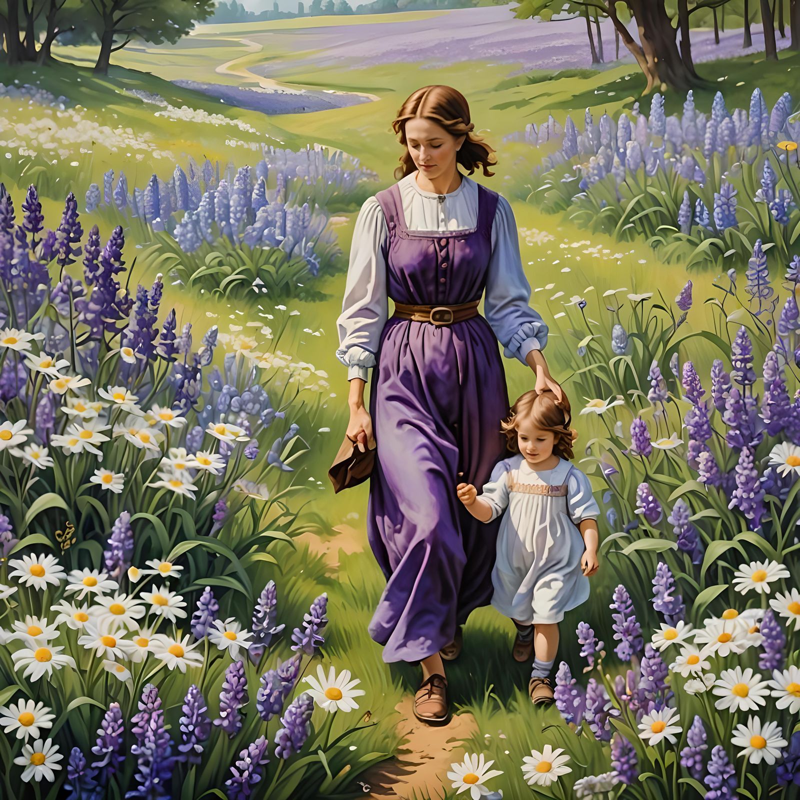 Renaissance Mother and Child in Flower Meadow