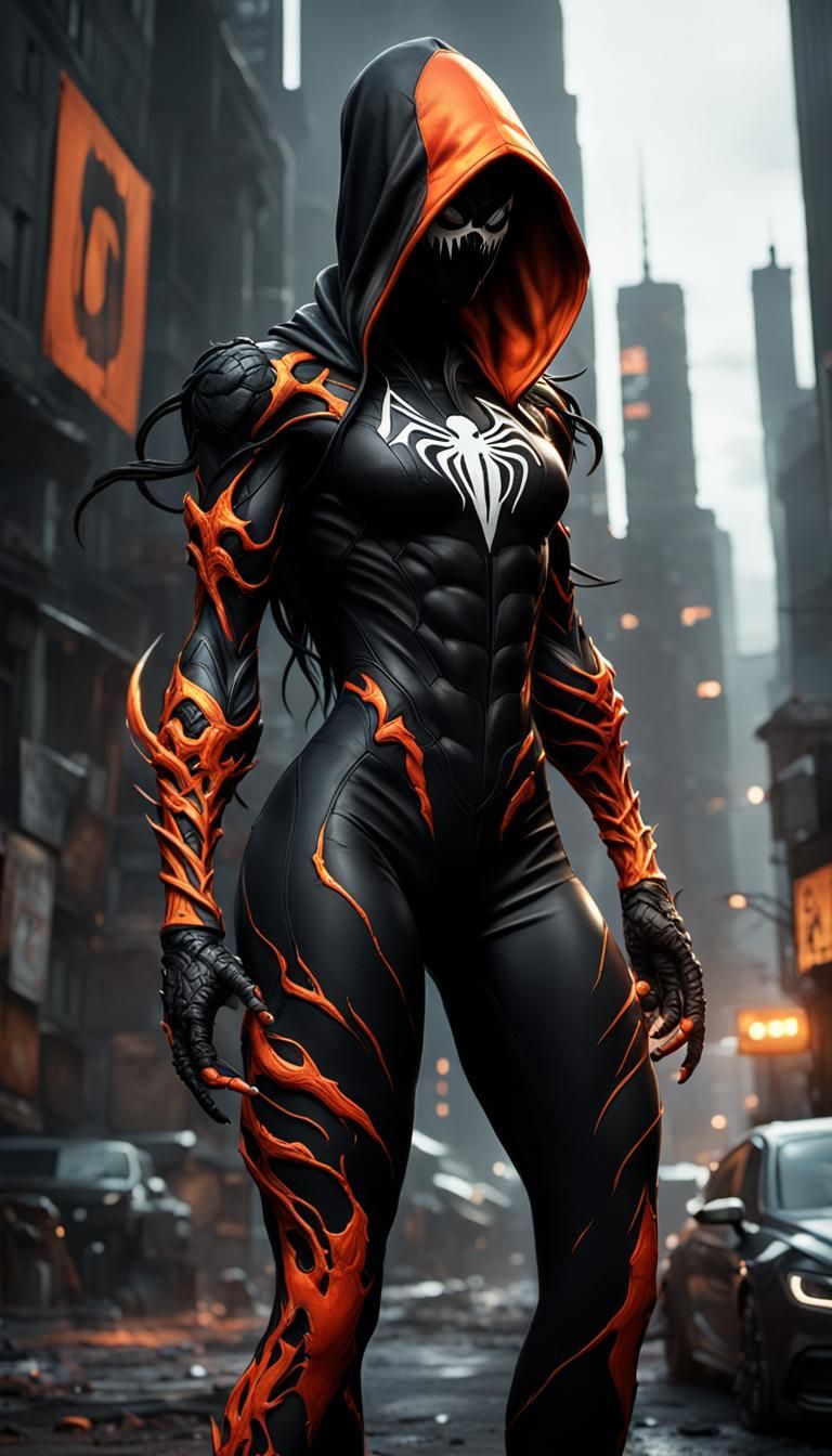 Venom-Inspired Woman in Orange and Black, Digital Painting