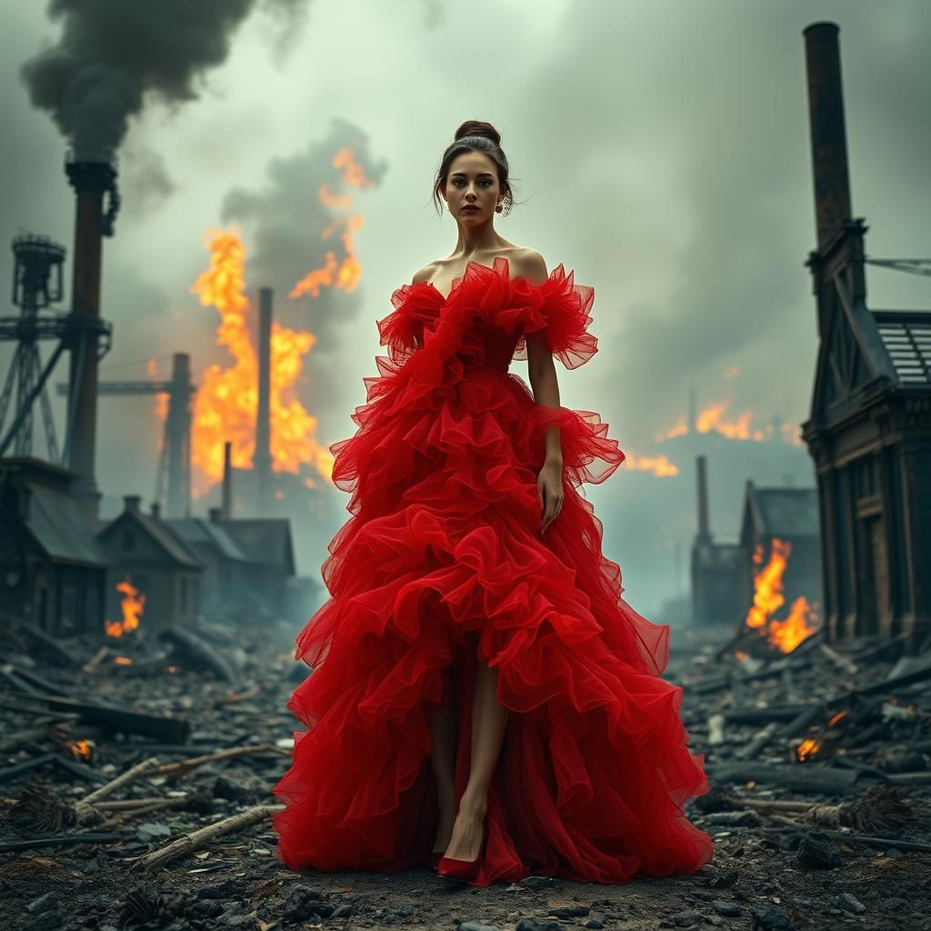 Woman in Crimson Gown Amidst Burning City