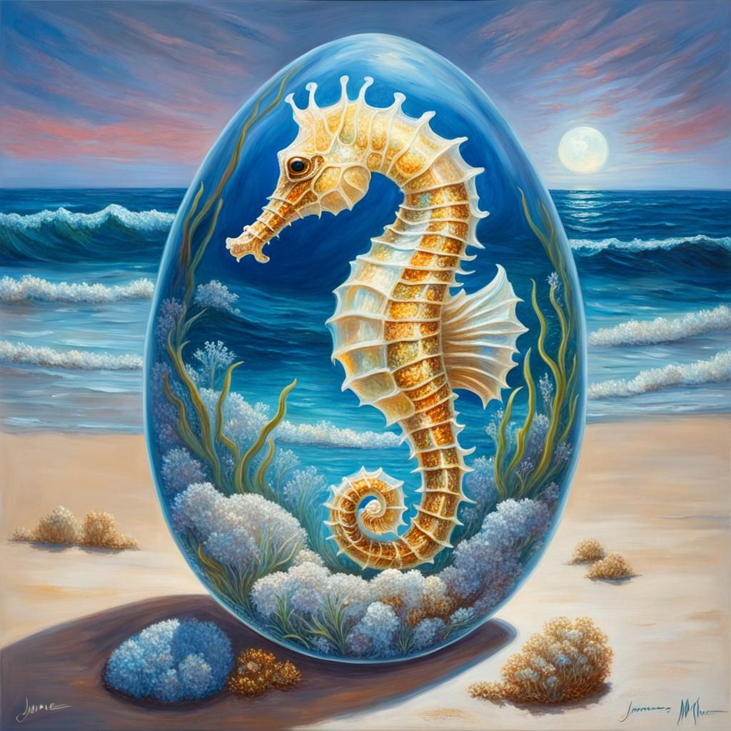 Bioluminescent Seahorse in Egg on Sunny Beach