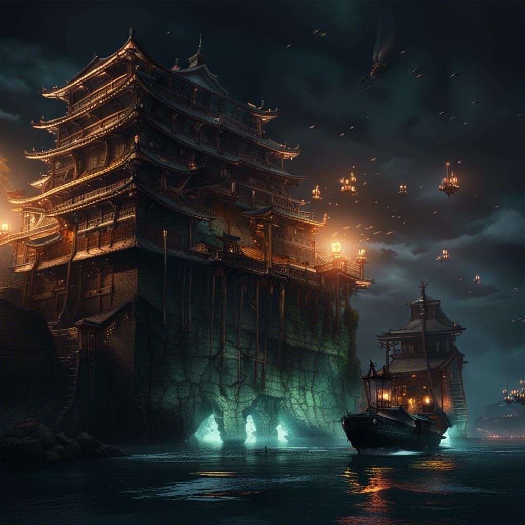 Epic Shimonoseki Strait Forts in Dark Fantasy Style