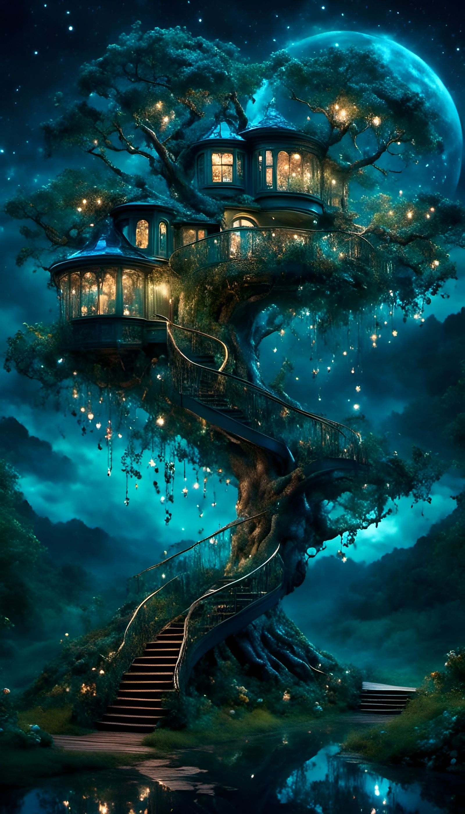 Cosmic Apple Tree with Miniature Treehouse