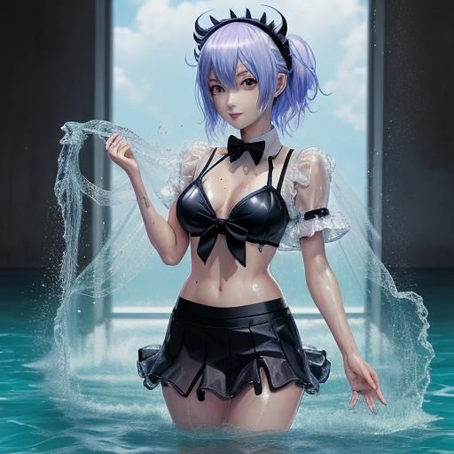 Anime Demon Maid in Wet Bikini and Transparent Outfit
