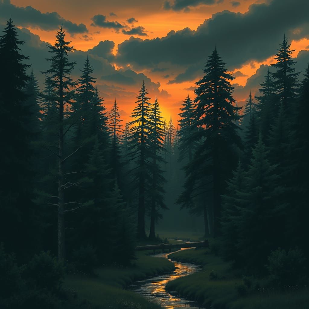 Mystical Forest Scene with Sunset, Eerie Lighting