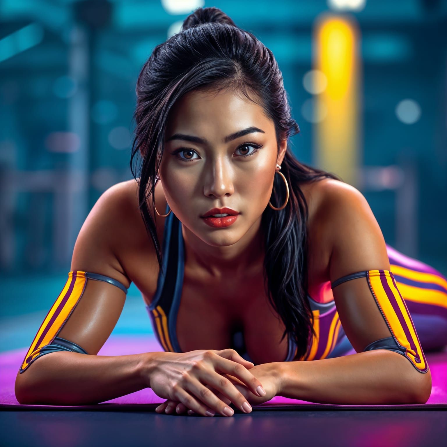 Asian Woman Cobra Pose in Gym, Hyperdetailed Portrait