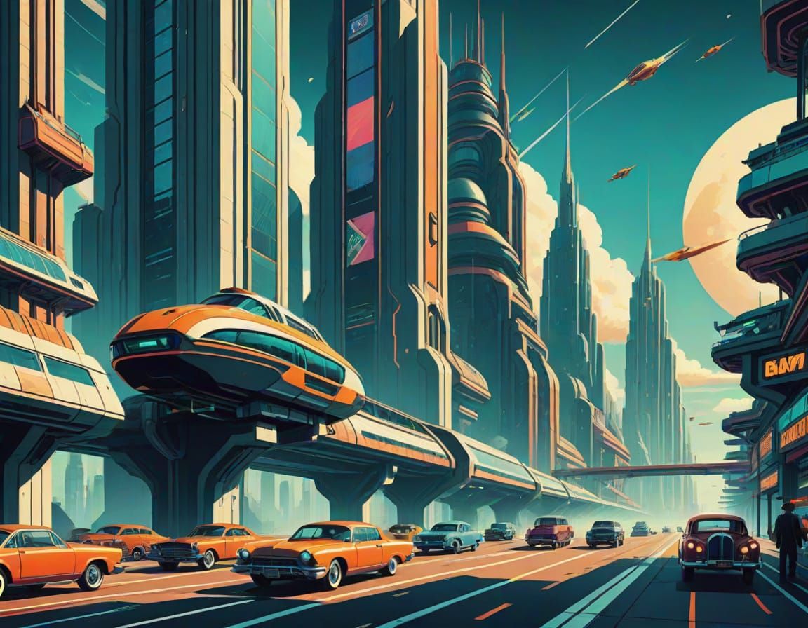 Retro-Futuristic Metropolis in Vibrant Comic Book Style