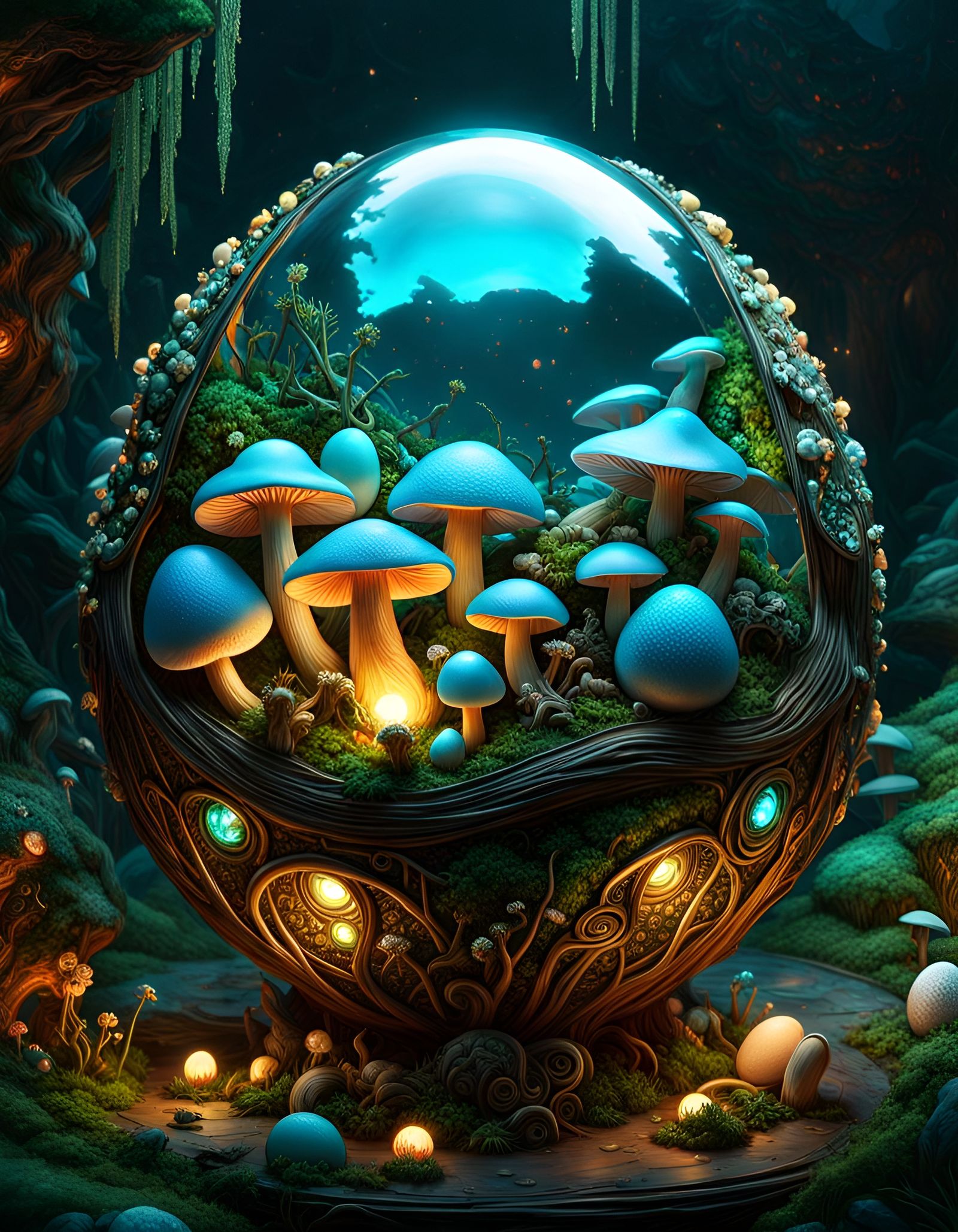 Mushroom Dragon Eggs Inside Glowing Diamond