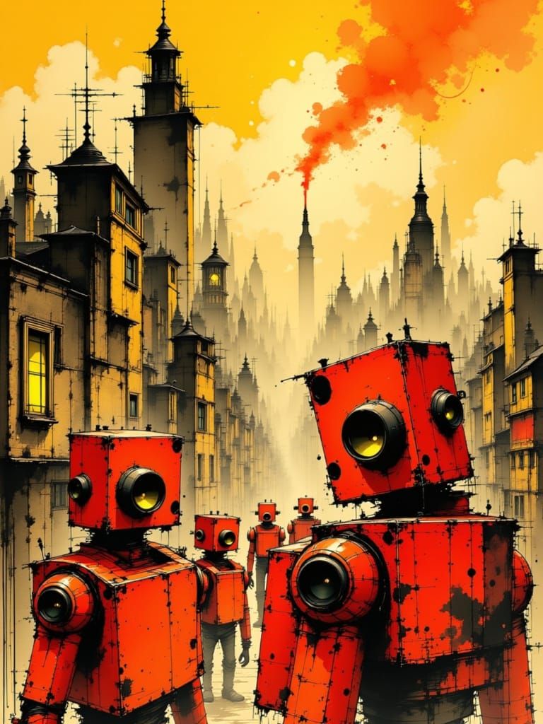 Robots Rise in Steampunk Cityscape