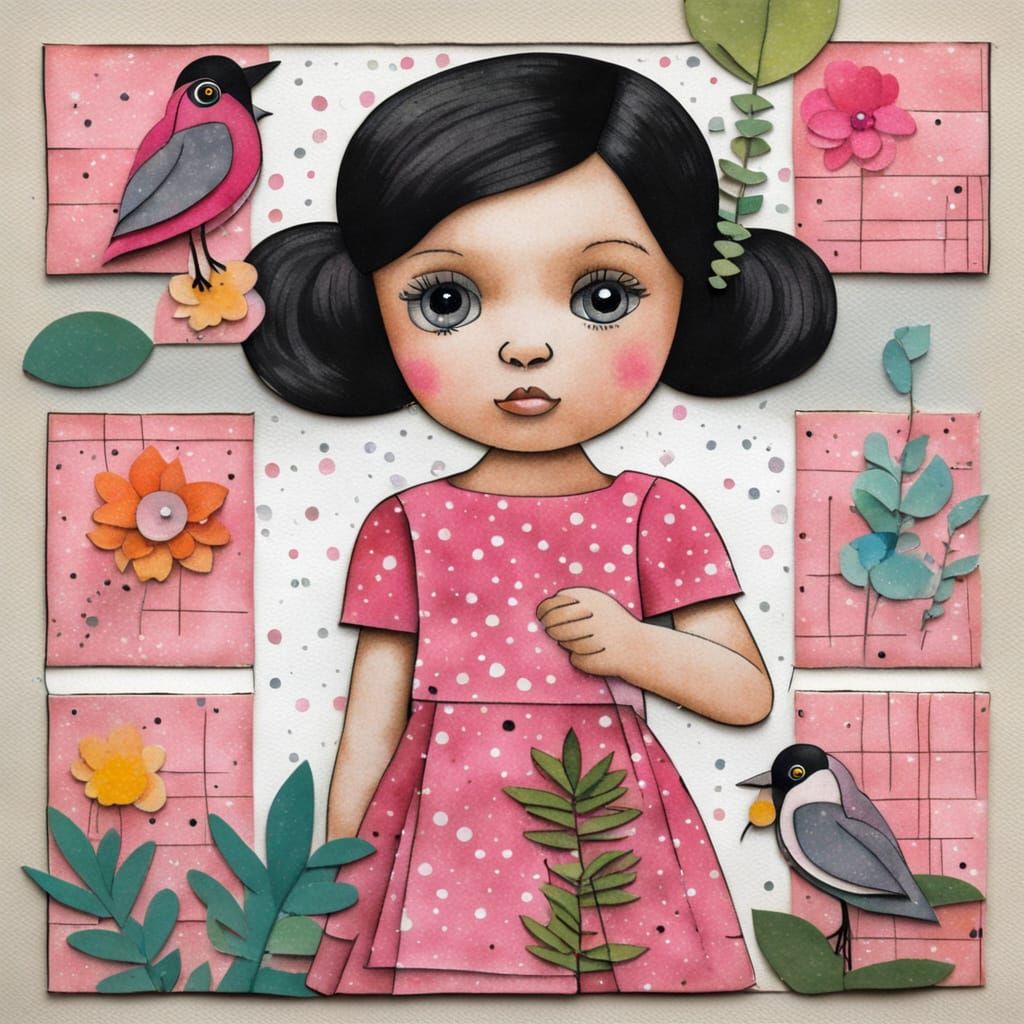 Cubist Girl in Pink Polka Dot Dress Holding Bird