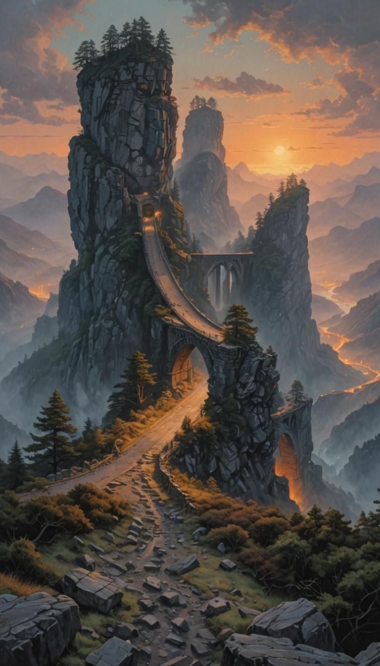 Renaissance Bridge Amidst Mountains at Dawn