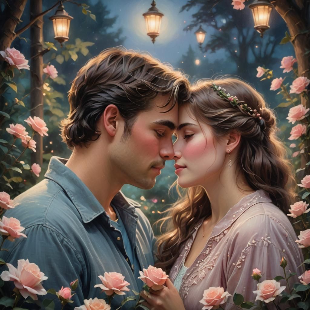 Romantic Couple Embracing in Moonlit Garden