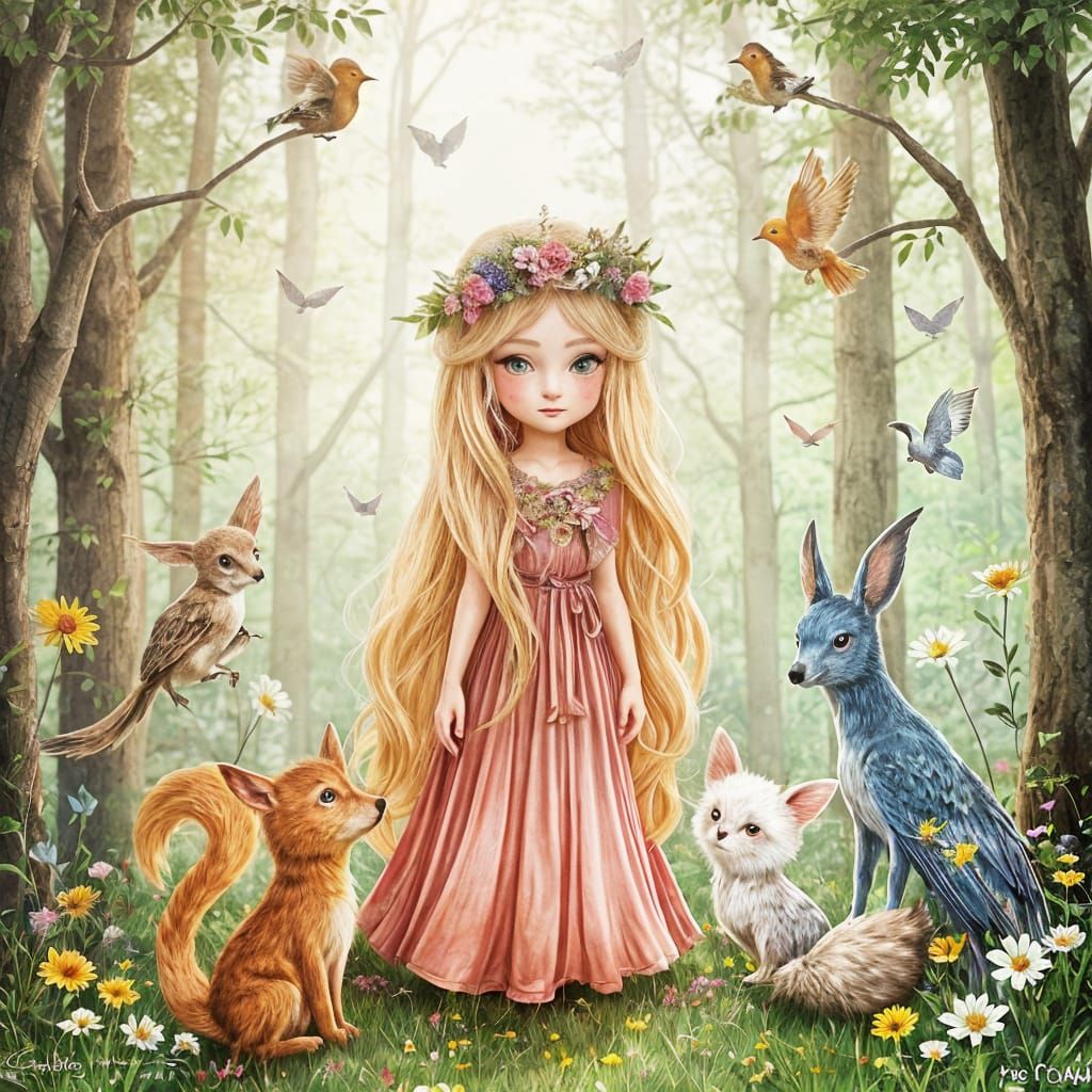 Whimsical Watercolor Princess in a Sunlit Woodland
