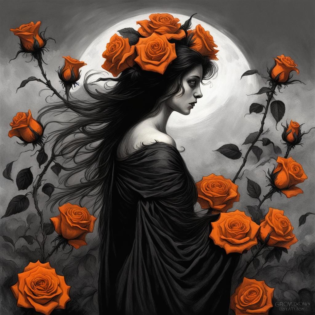 Macabre Beauty Amidst Black and Orange Roses