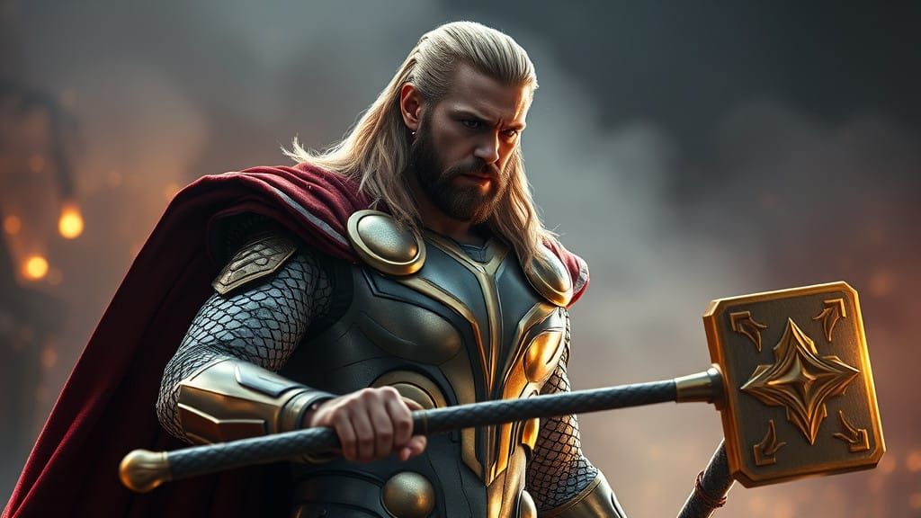 Thor in a Radiant White and Gold Asgardian Armor Suit with G...