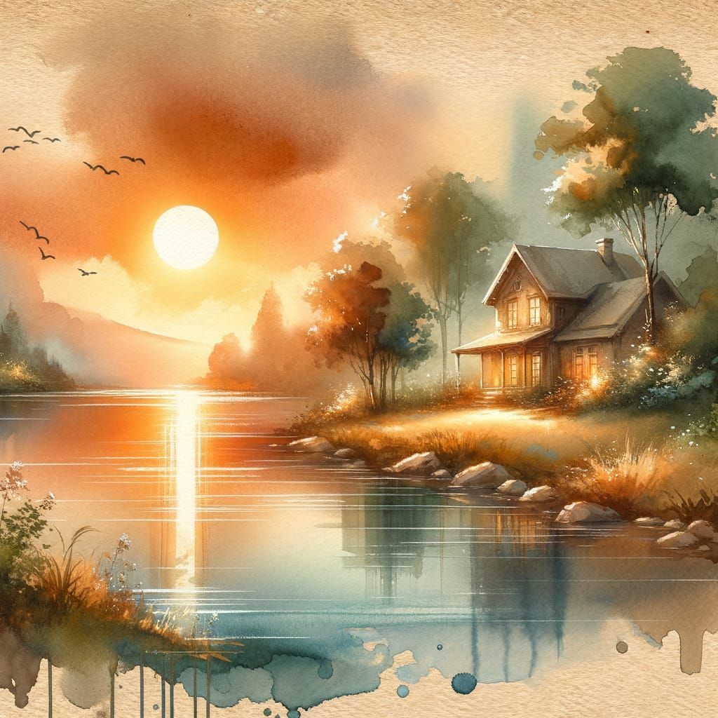 Watercolor House by Lake at Sunset