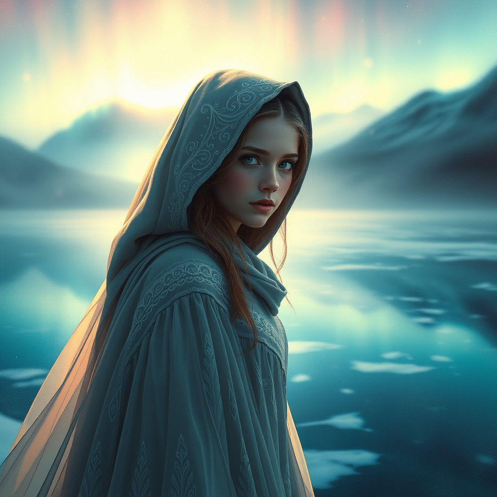 Ethereal Woman at Frozen Lake Under Aurora
