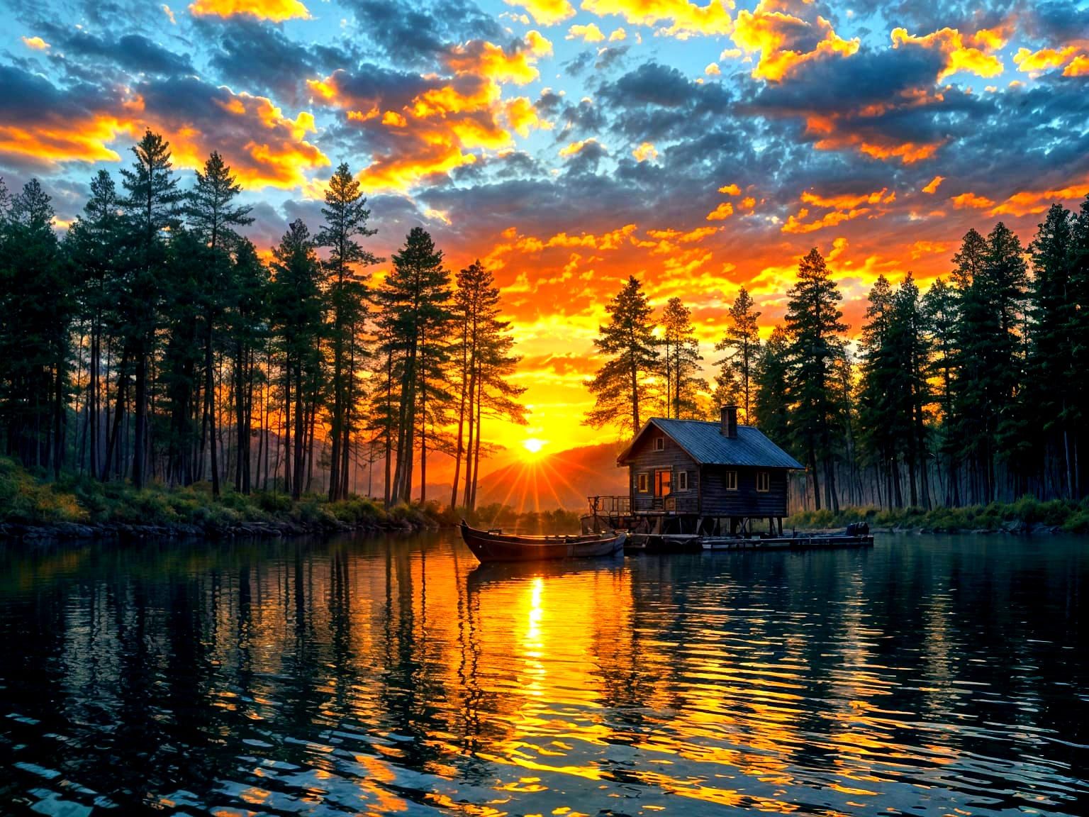 Embossed Metal Forest Lake Sunrise Cabin