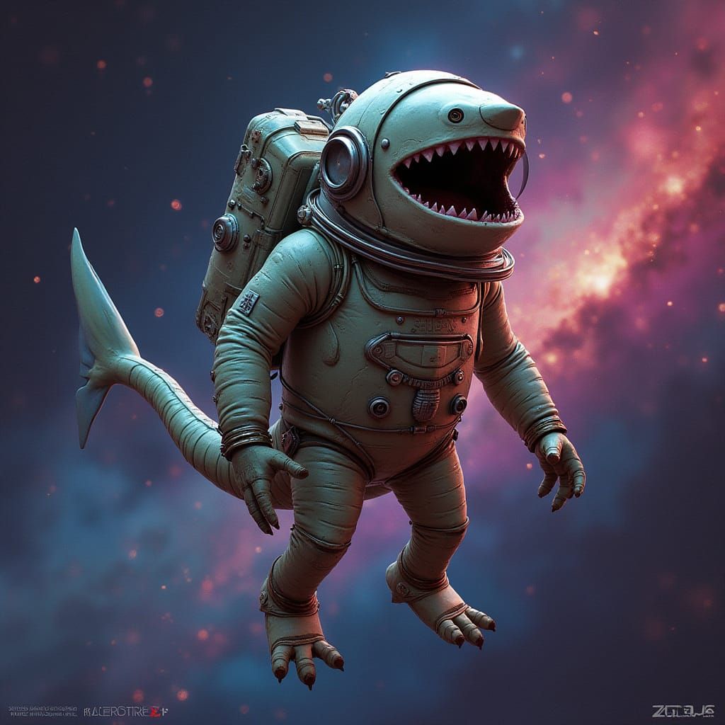 Surreal Wooden Shark in Space Suit, Digital Art