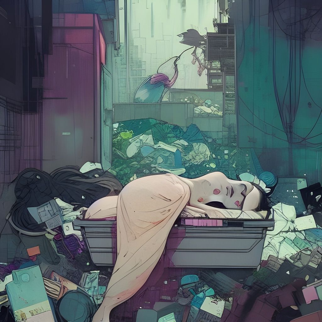 Goddess Sleeping in Trash: Detailed Matte Painting