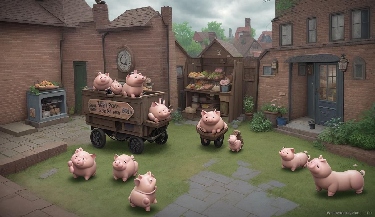 Psychedelic Steampunk Pig Family at Market