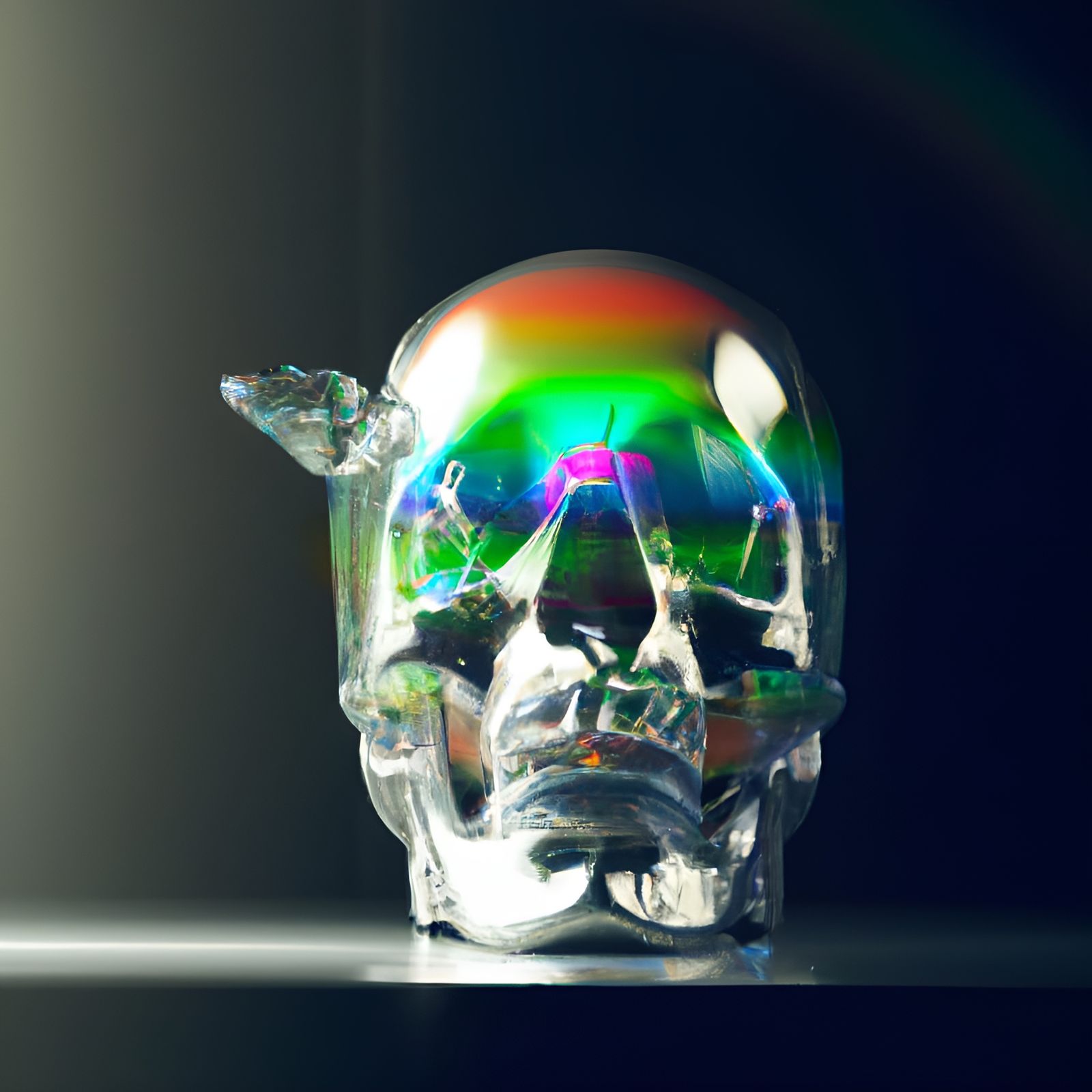 Prismatic Light Through Glass Skull: Hyperrealistic Render