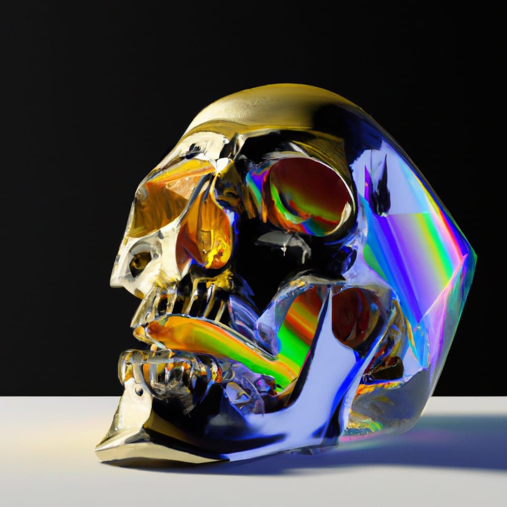 Prismatic Light Through Glass Skull: Hyperrealistic Renderin...