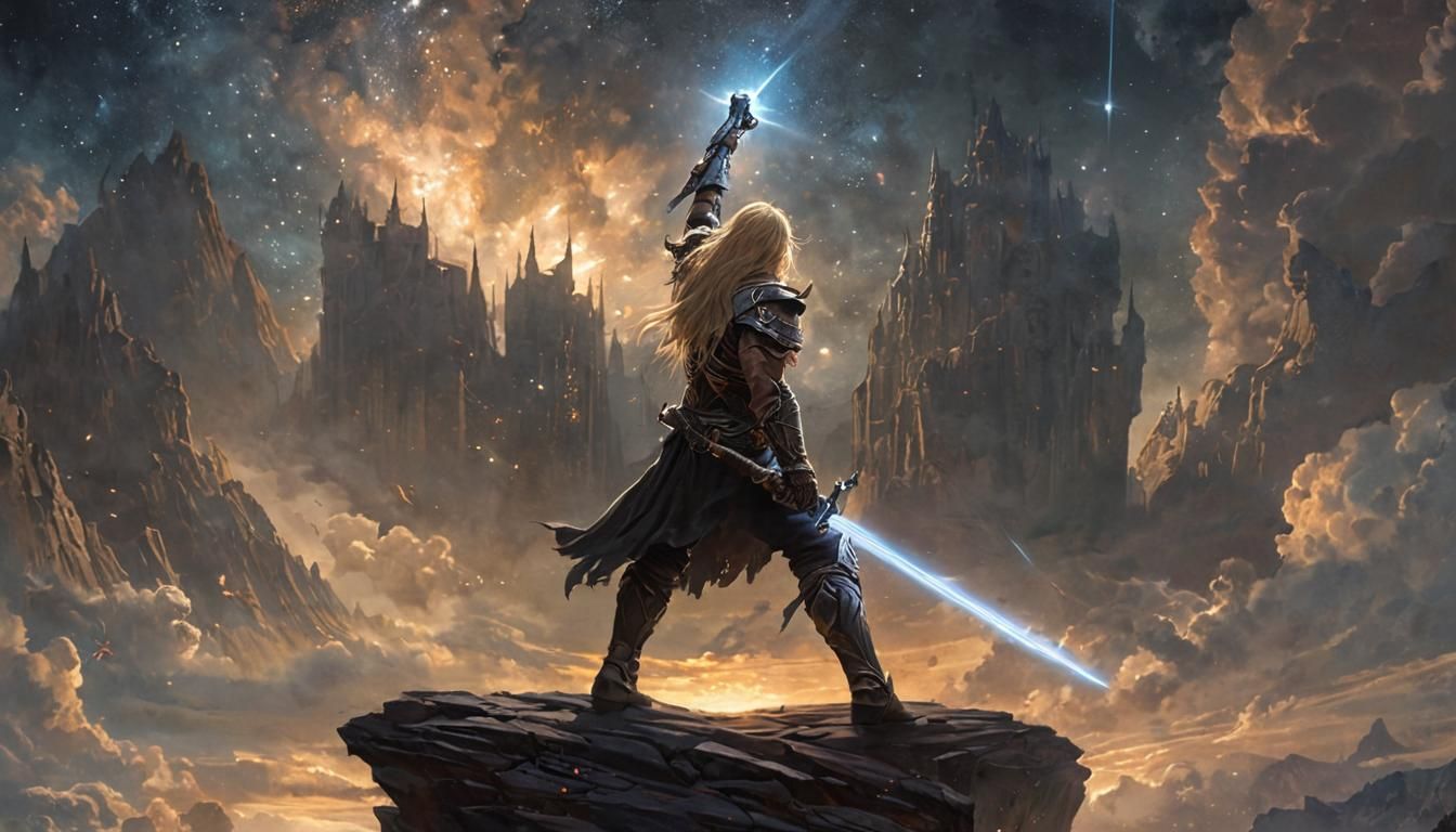 Warrior Reaching for Celestial Sky, Dark Fantasy Art