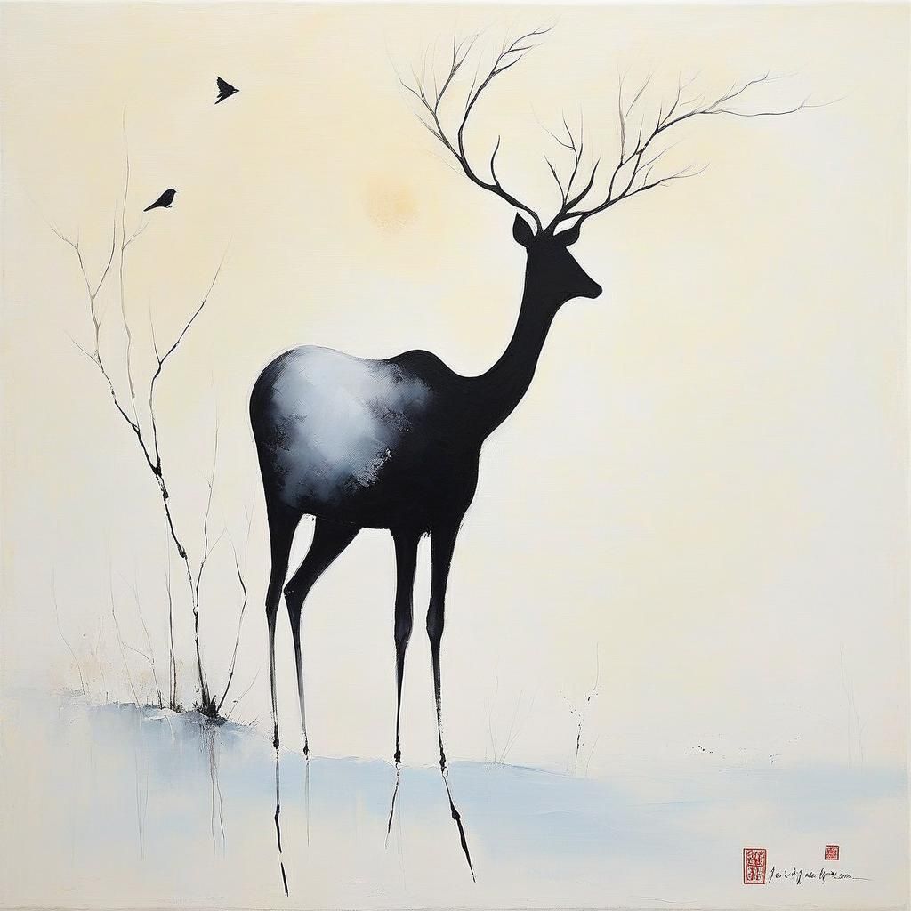 Minimalist Deer in Snow Whimsical Painting