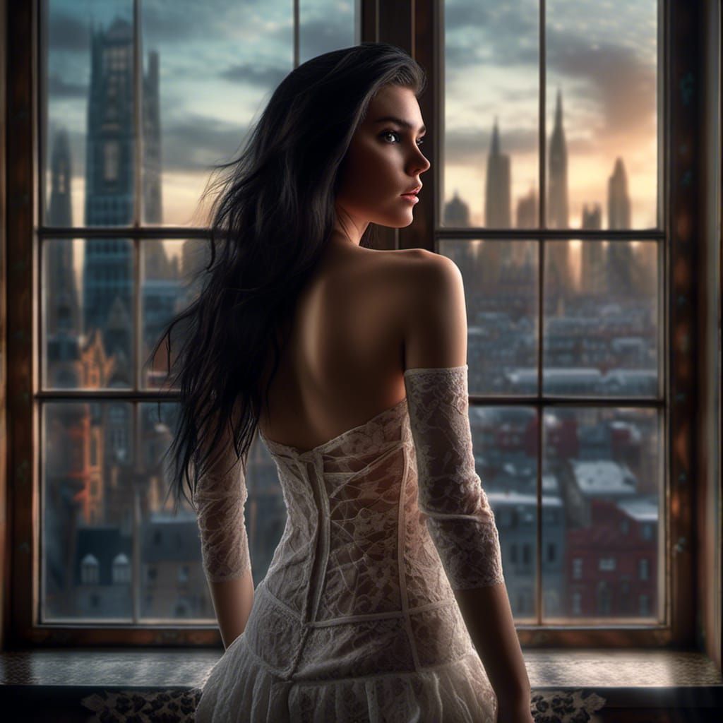 Photorealistic Woman in Lace by Window, 4K