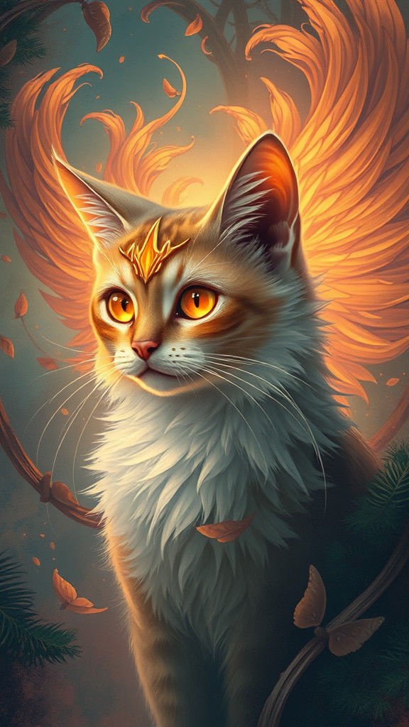 Mystical Cat with Phoenix Feathers in Digital Art
