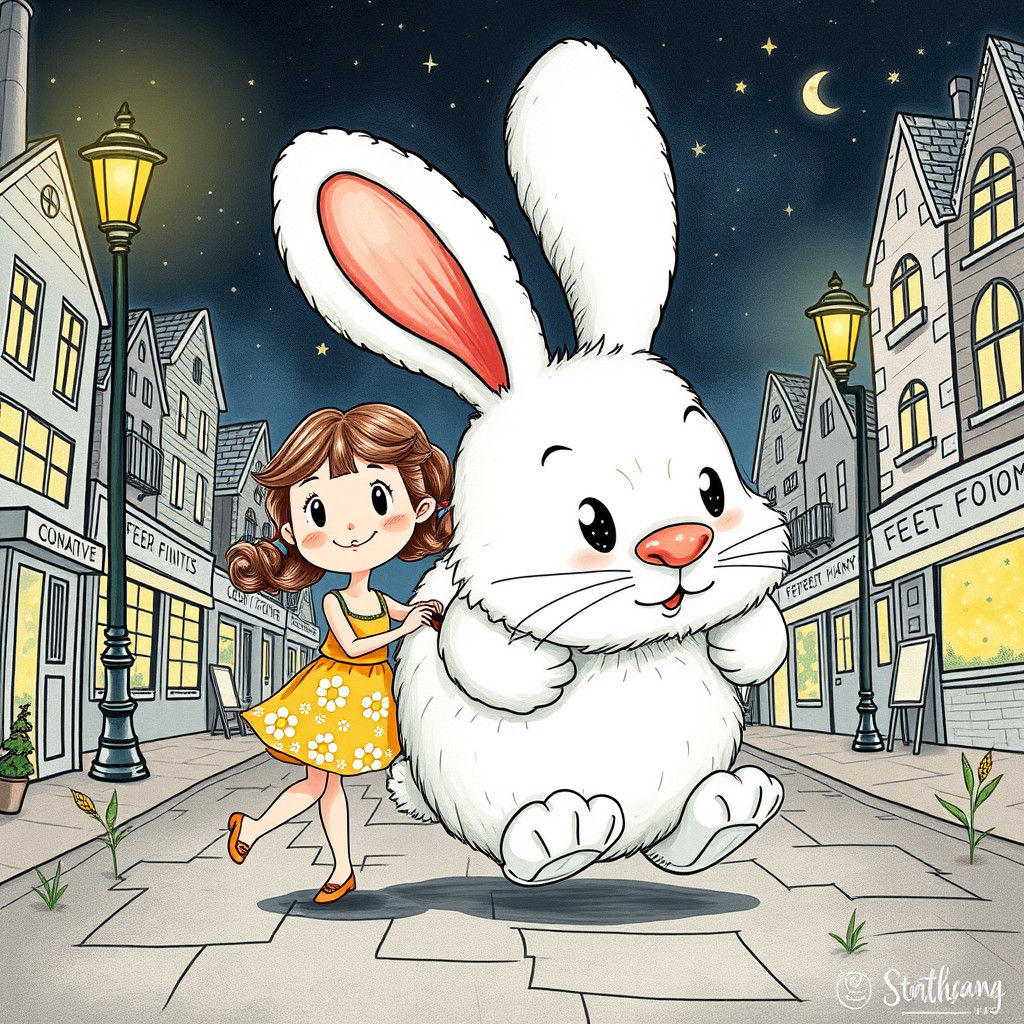 Girl and Bunny in Whimsical Doodle Style