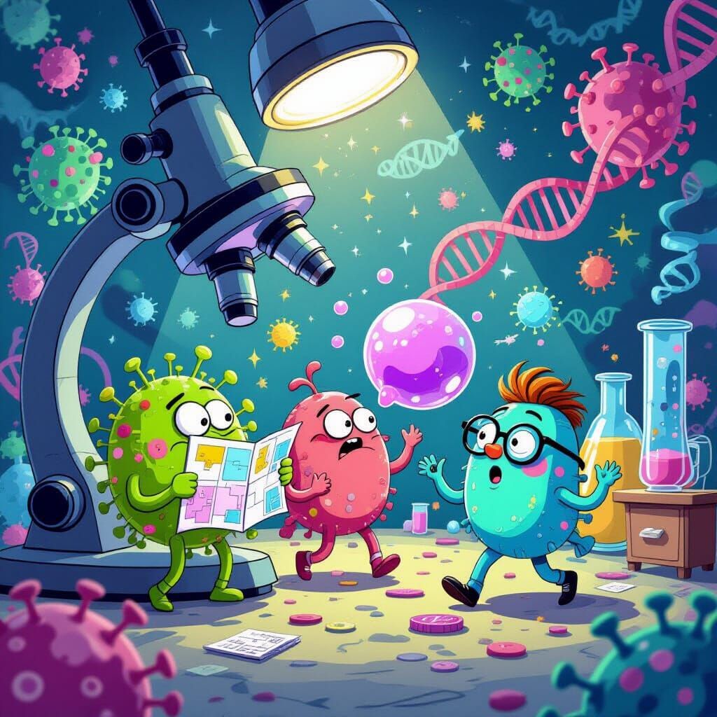 Funny Cartoon Microbes in a Neon Microscopic World