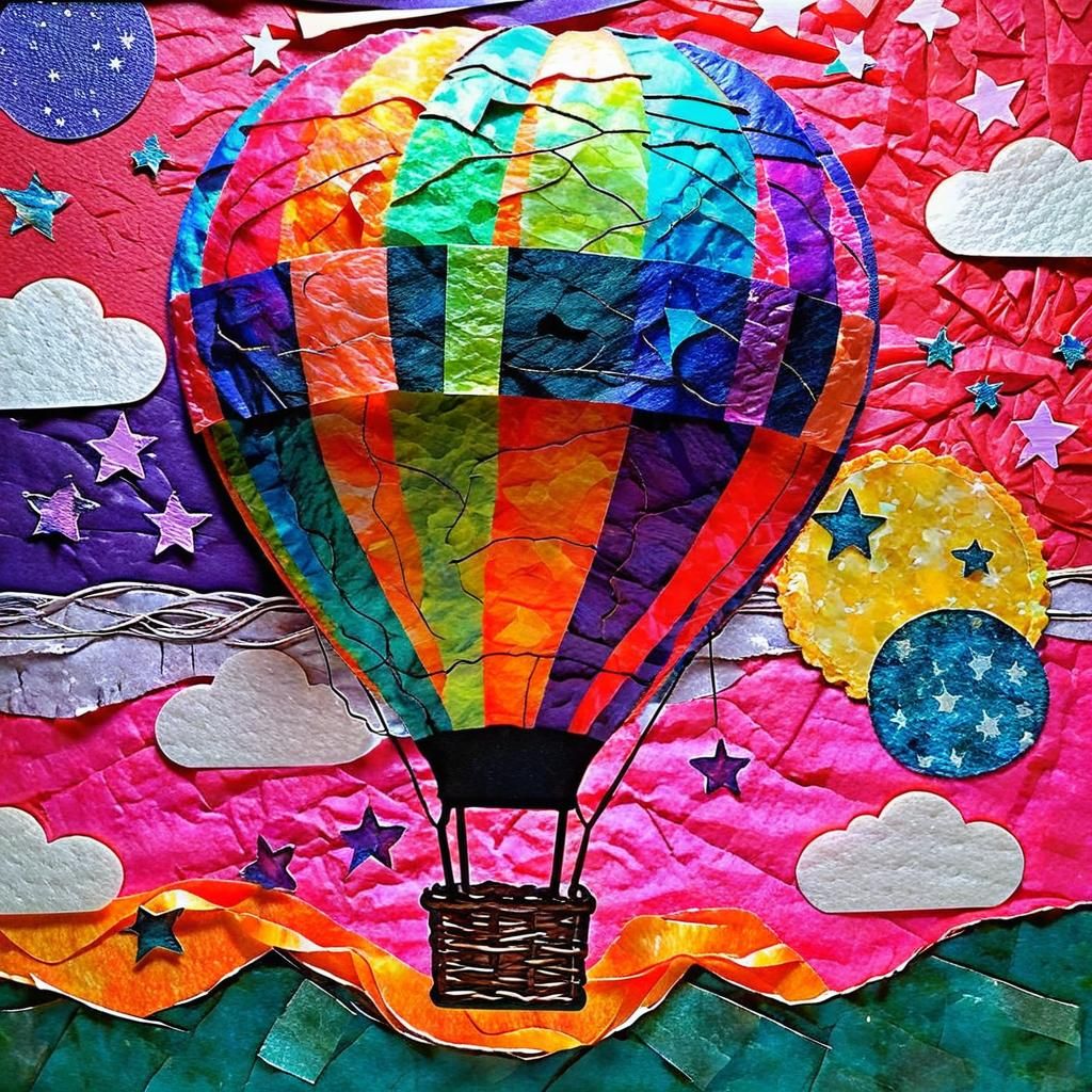 Hot Air Balloon in Tissue Paper Art Style