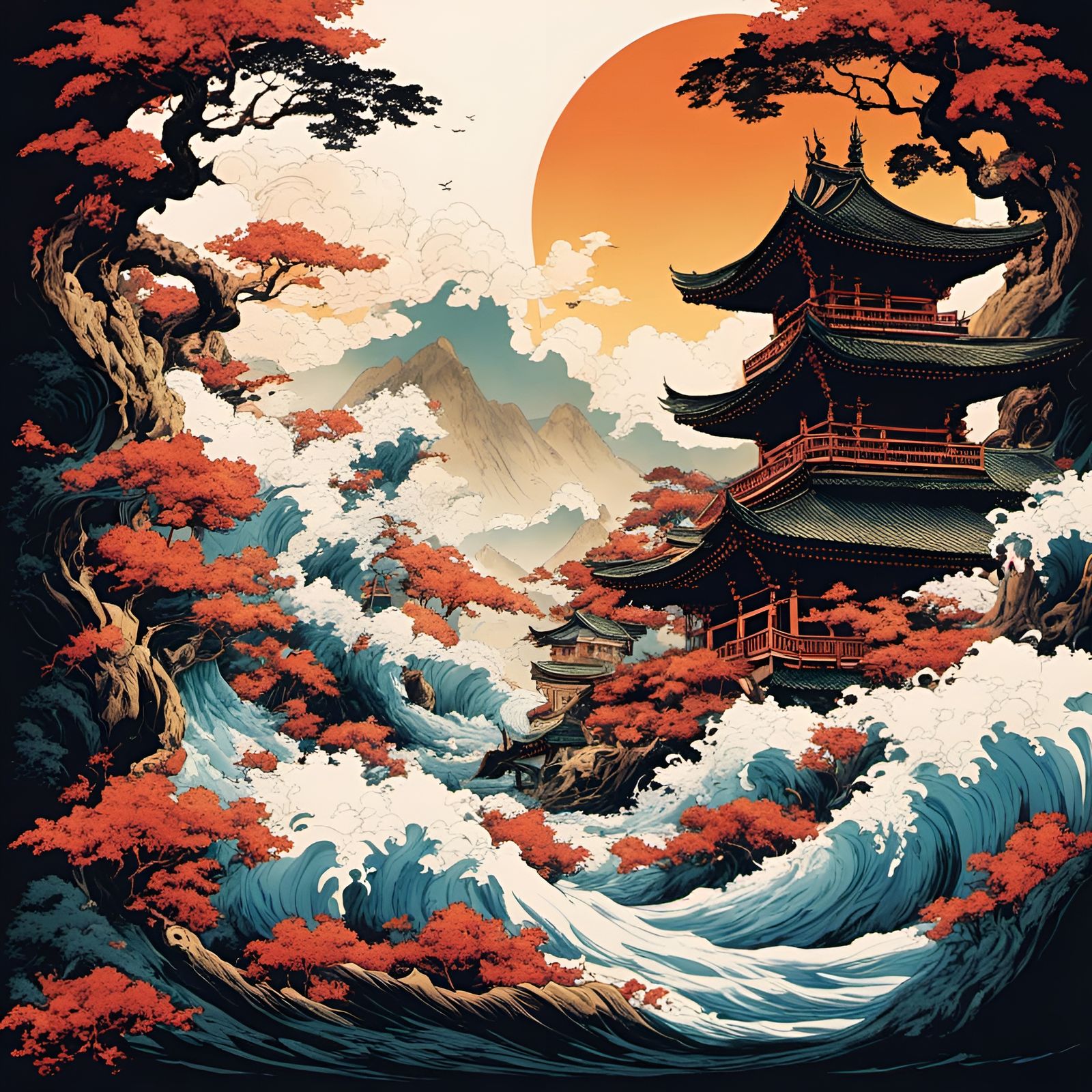 Yin Yang: Japanese Temple and Storm Ink Painting