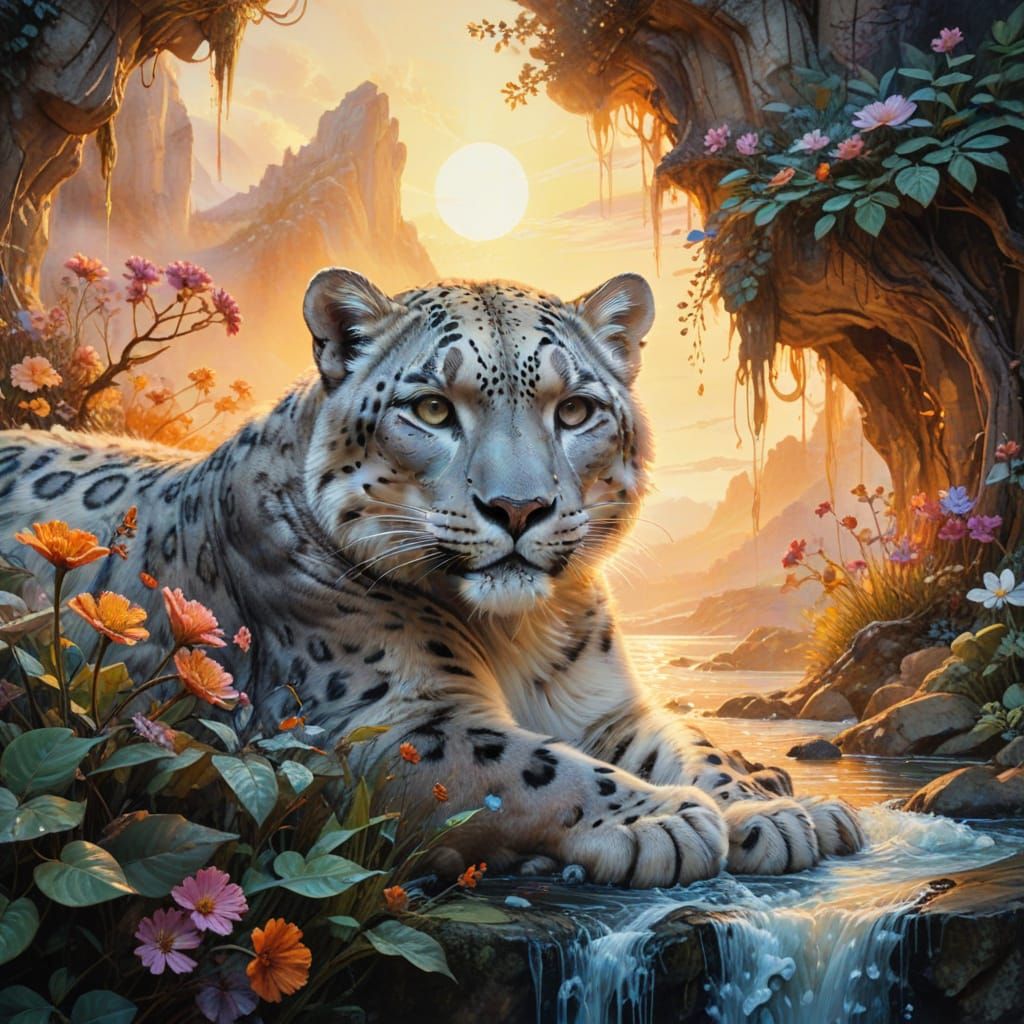 Masterful Snow Leopard Portrait in Whimsical Line and Waterc...