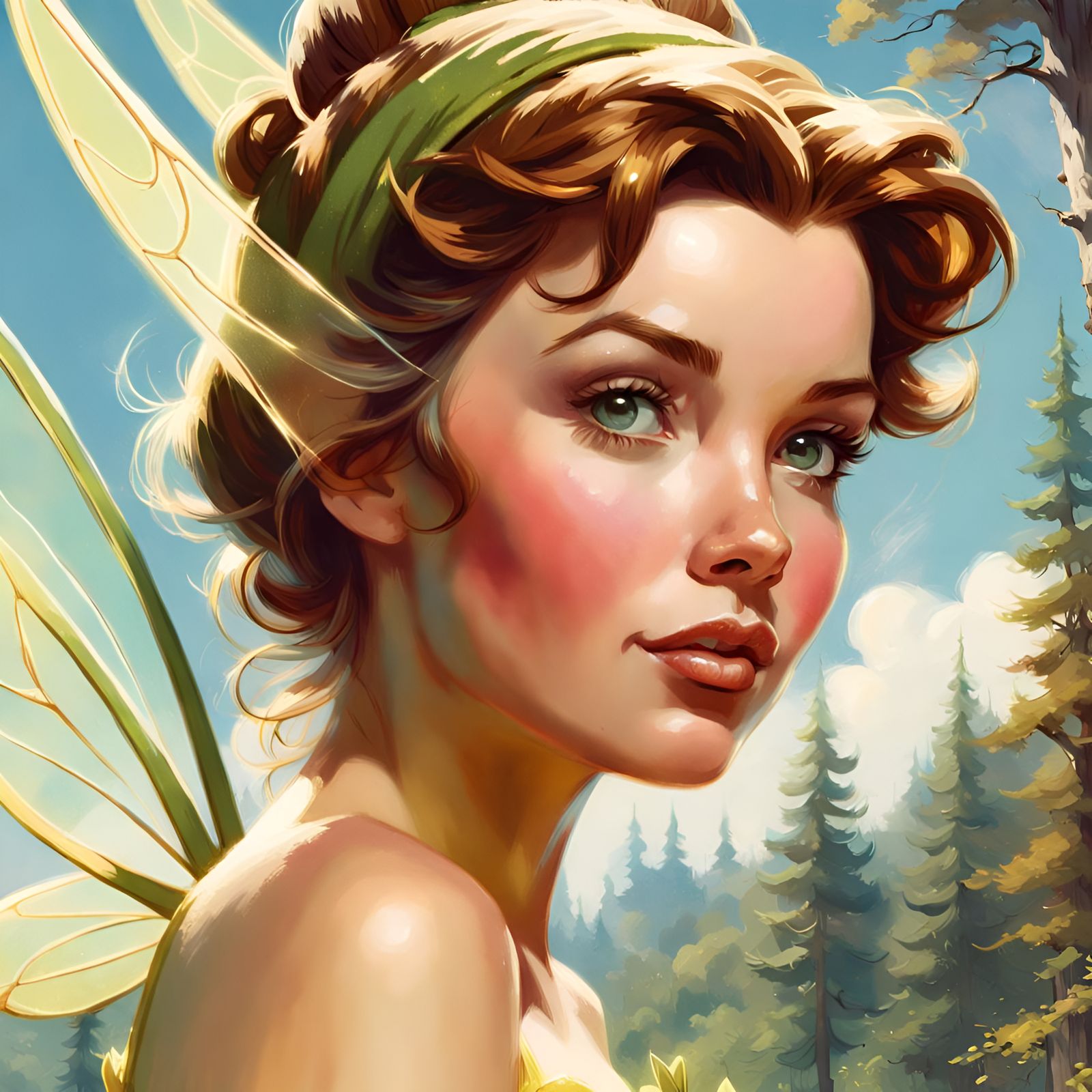Belle as Tinkerbell in Forest, Golden Age Illustration