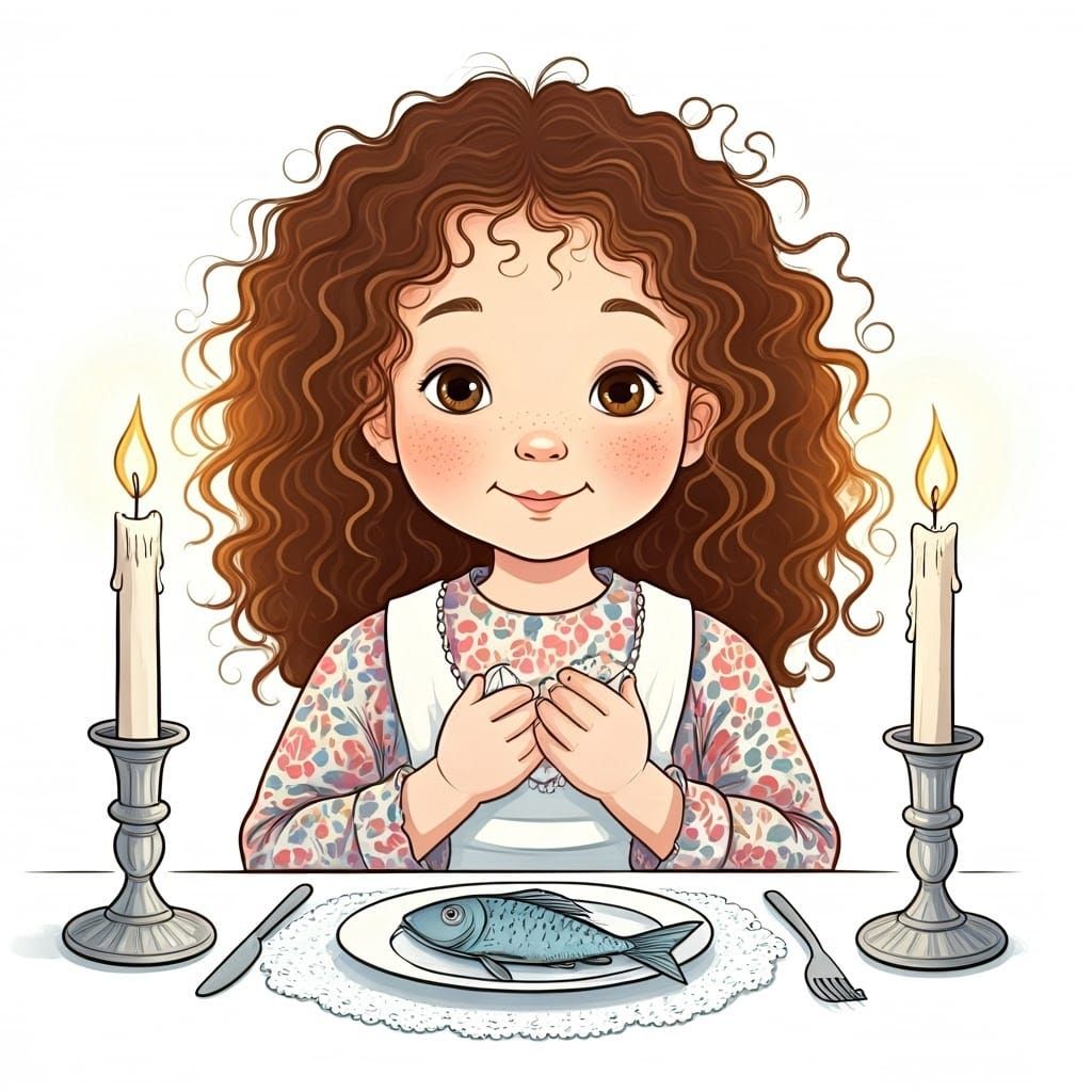 Young Hasidic Girl Enjoys Shabbat Feast in Whimsical Folk-Ar...